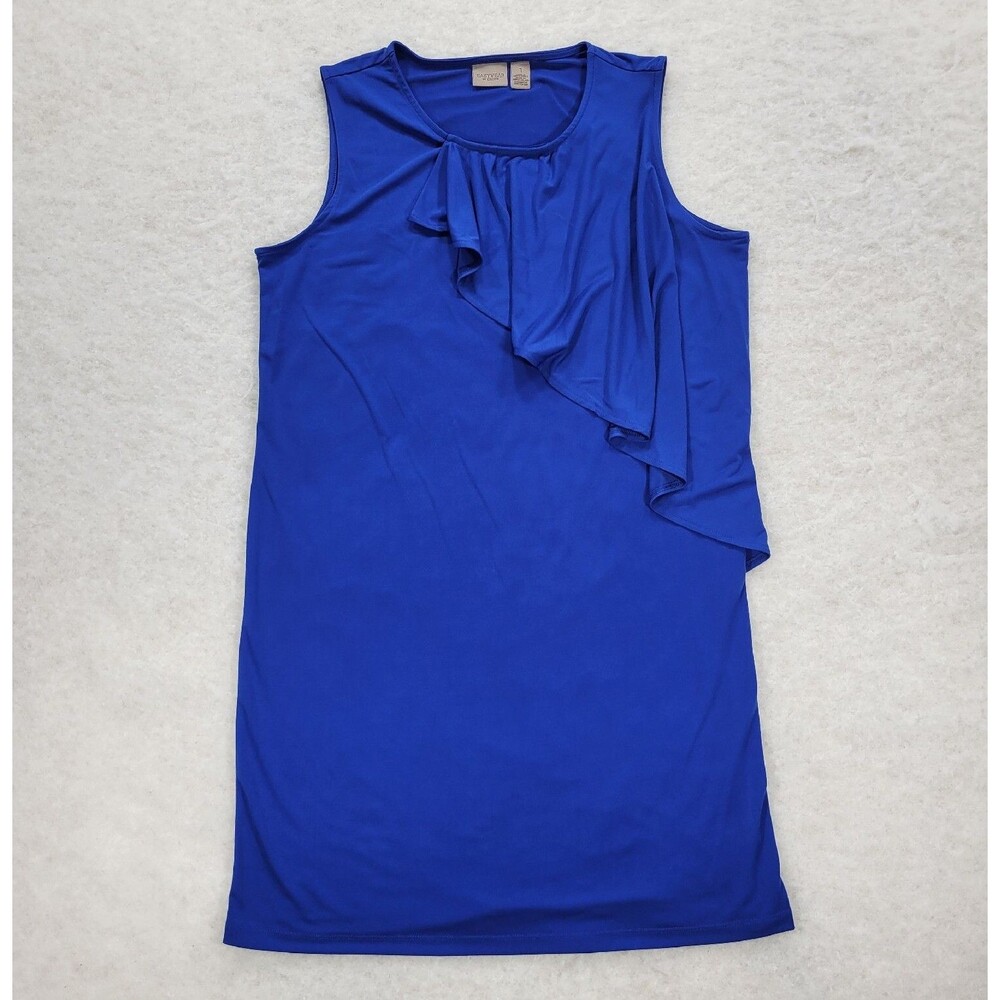 Chicos Easywear Sleeveless Ruffle Dress Slinky Knit Sz 1 Medium Blu (1598)